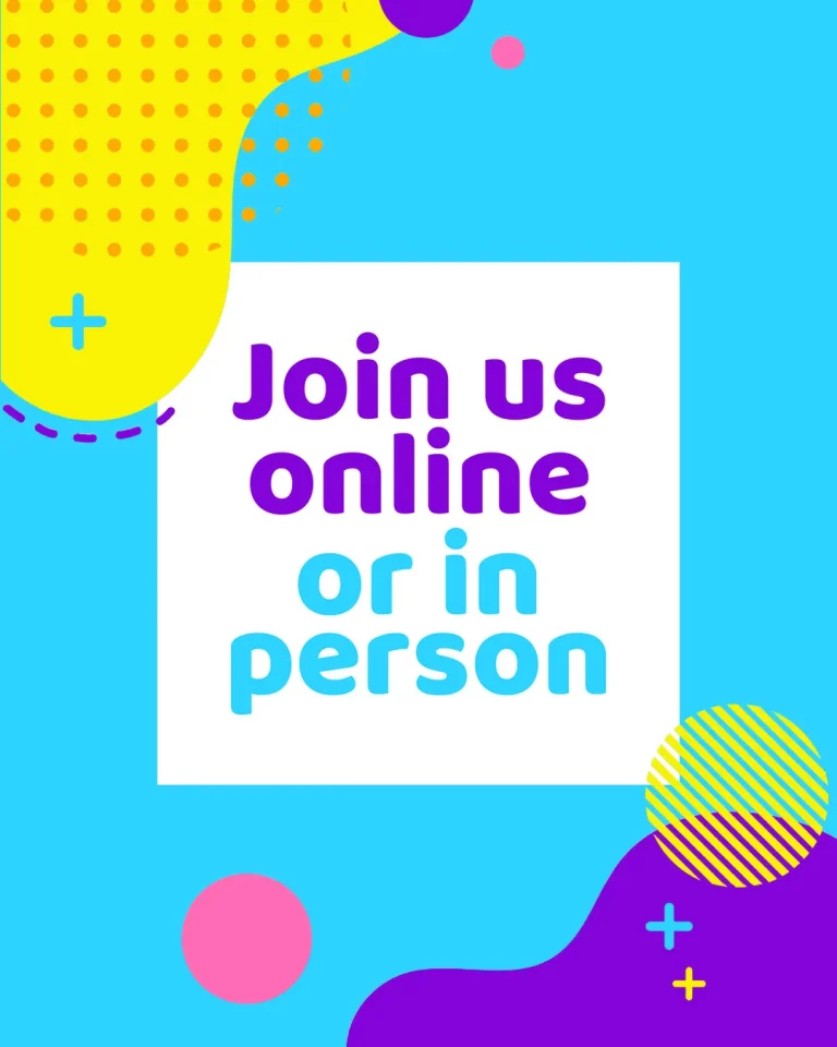 Colorful church media graphic with the text "Join us online or in person" in purple and blue typography on a white background, surrounded by playful geometric shapes in bright blue, yellow, purple, and pink.