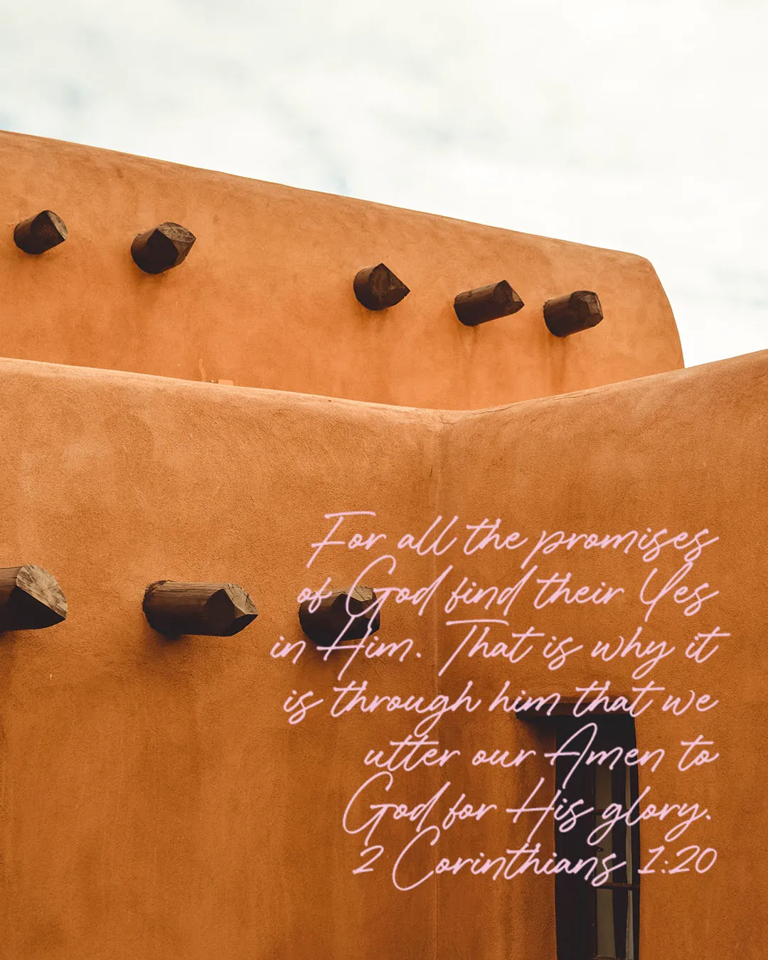 Minimalist church media graphic showing 2 Corinthians 1:20 about God's promises finding their Yes in Him, displayed on warm adobe wall with elegant white typography.
