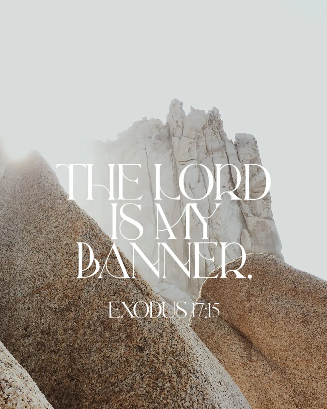 Photo-driven church media featuring Exodus 17:15 "The Lord is my banner" with elegant white typography overlaid on dramatic stone formations and mountain landscape.