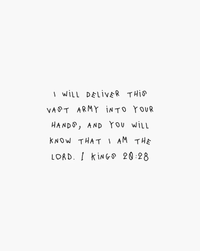 Grunge-style church media featuring handwritten 1 Kings 20:28 scripture about God delivering armies into their hands on white background