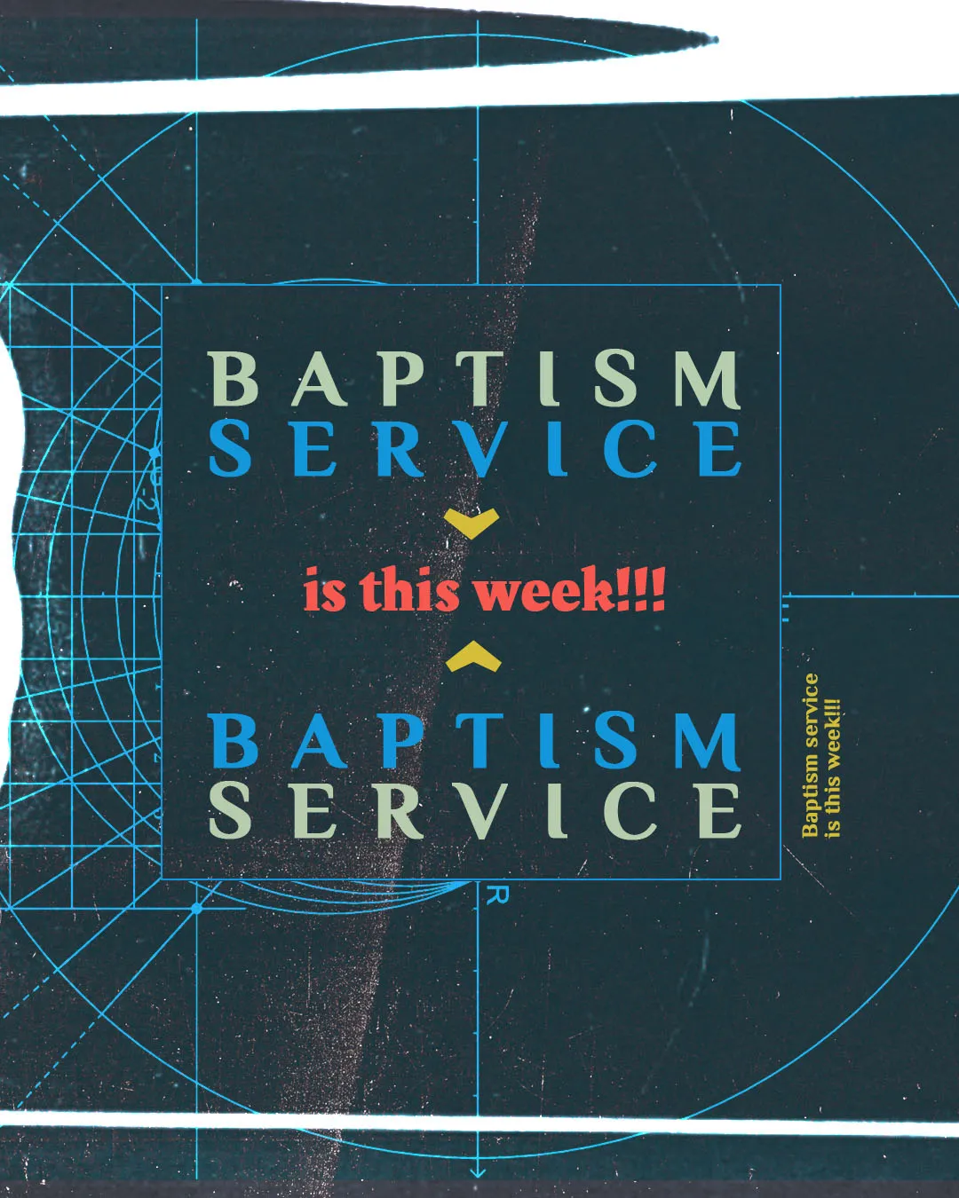 Modern geometric baptism service announcement with bold blue text on dark background featuring grid pattern design for church media use.