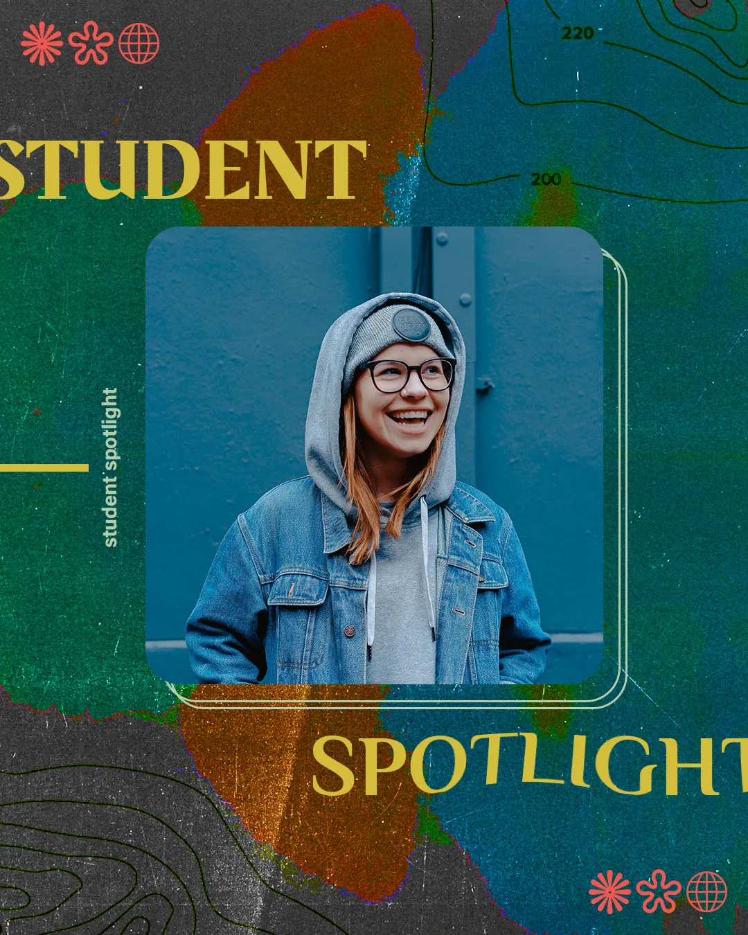 Experimental student spotlight church media template with vibrant color overlays, topographic elements, and a smiling young woman in glasses and hoodie against blue background