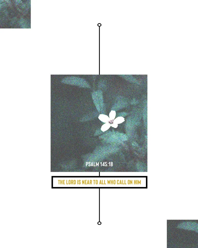 Minimalist church media design featuring Psalm 145:18 "The Lord is near to all who call on him" with single white flower against textured dark background and simple linear elements