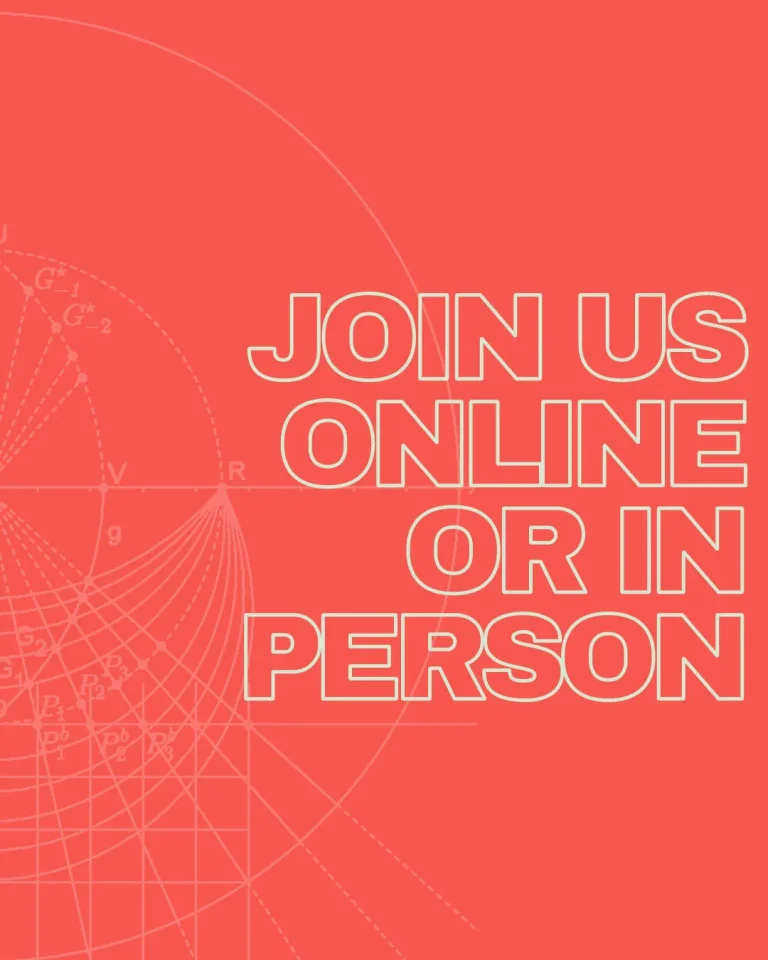Minimalist church announcement graphic with bold white outline typography reading "JOIN US ONLINE OR IN PERSON" against vibrant coral red background with subtle geometric grid pattern