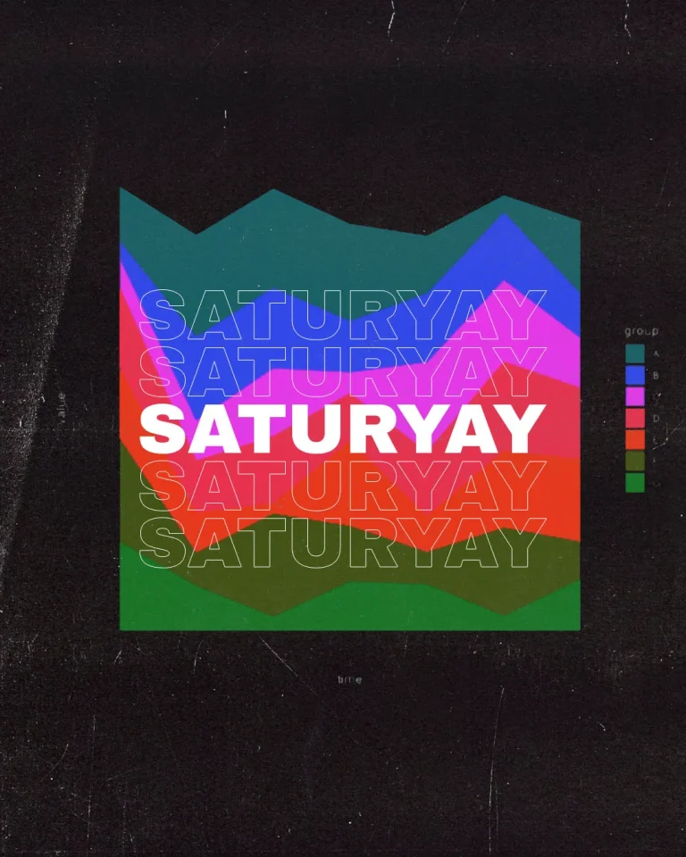 Experimental church media design featuring mountain-shaped color blocks in teal, blue, pink, red and green with repeated "SATURDAY" text in white and outline typography against black textured background