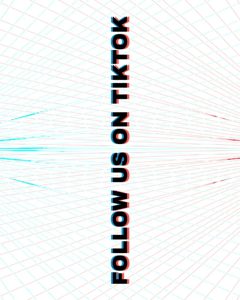 Experimental church media design featuring vertical "FOLLOW US" typography with red and blue chromatic aberration effect against white grid background