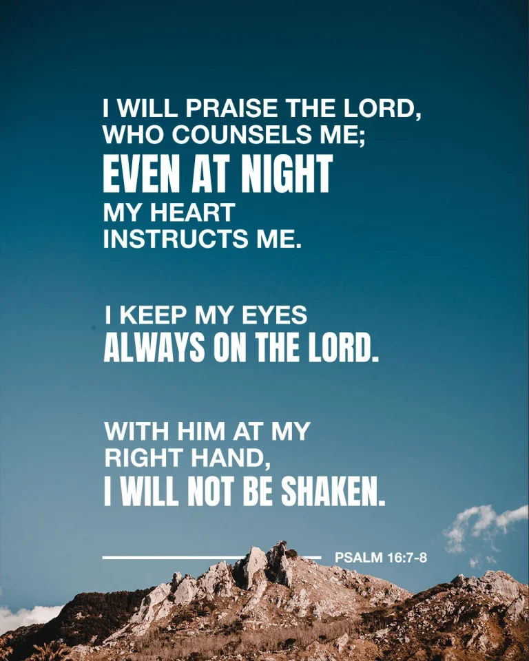 Inspirational church media featuring Psalm 16:7-8 about praising God and keeping eyes on the Lord, displayed with dynamic typography over a beautiful blue sky and mountain landscape.