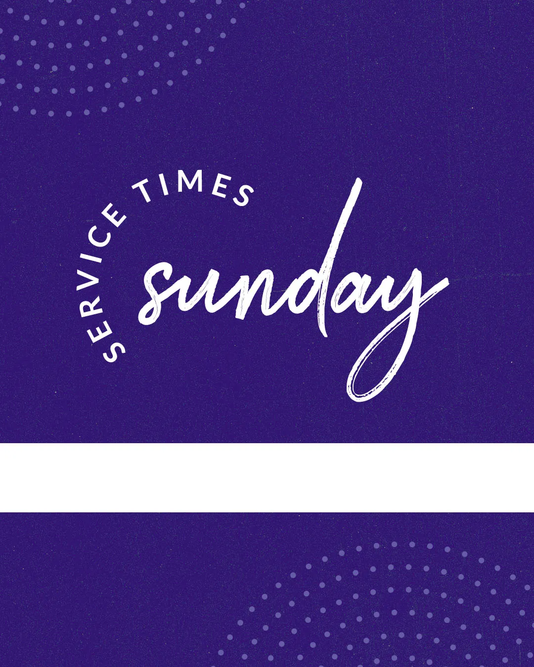 Type-driven church media featuring "Sunday" in white script with "SERVICE TIMES" curved around it on deep purple background with subtle dotted pattern elements.