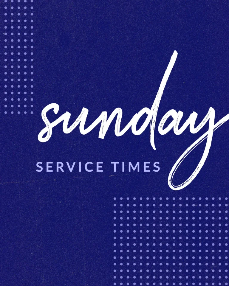 Professional church media with "Sunday" in white brush script and "SERVICE TIMES" in sans-serif typography on deep blue background with subtle dotted pattern elements in the corners.