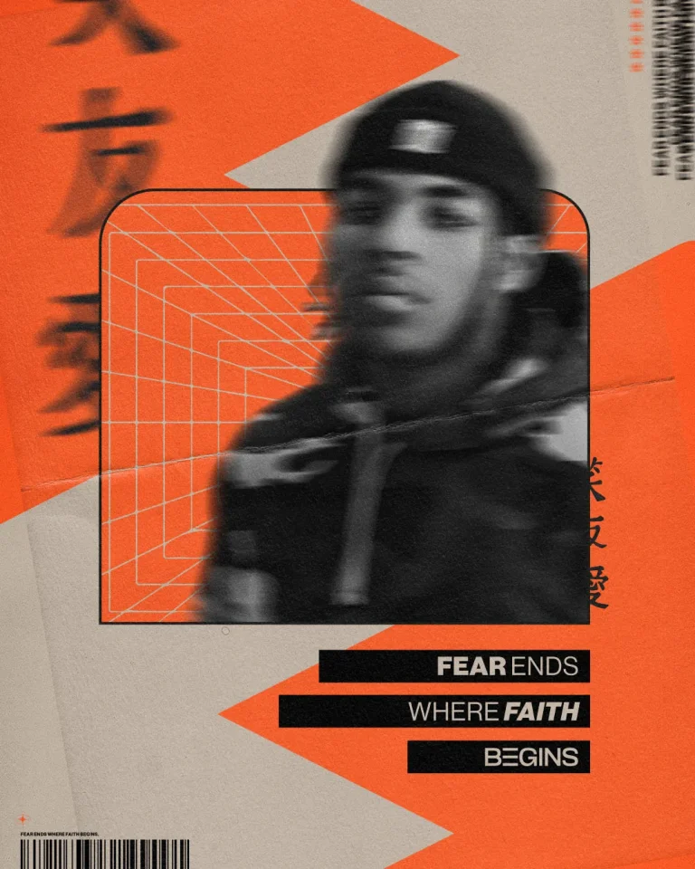 Bold experimental church media design with "FEAR ENDS WHERE FAITH BEGINS" message on orange geometric background featuring blurred figure