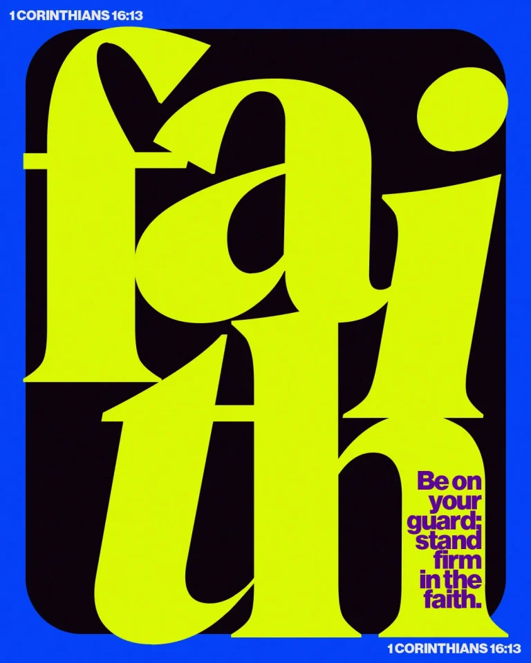 Modern church media graphic featuring large yellow "faith" typography on black background with blue border and 1 Corinthians 16:13 scripture about standing firm in faith