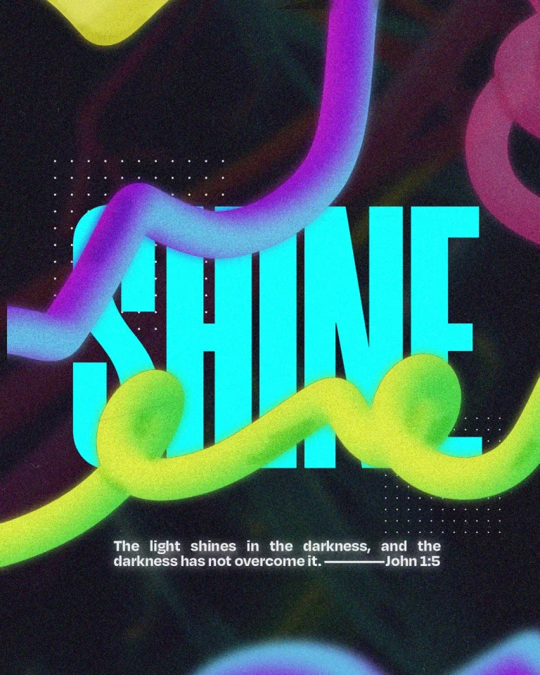 Church media graphic with bold cyan SHINE typography over flowing neon gradient shapes in purple, yellow and green with John 1:5 scripture about light shining in darkness