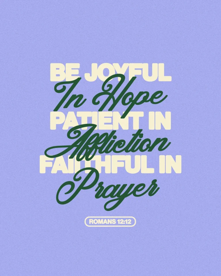 Church media graphic with cream and green typography displaying Be Joyful In Hope Patient In Affliction Faithful In Prayer from Romans 12:12 on soft purple background