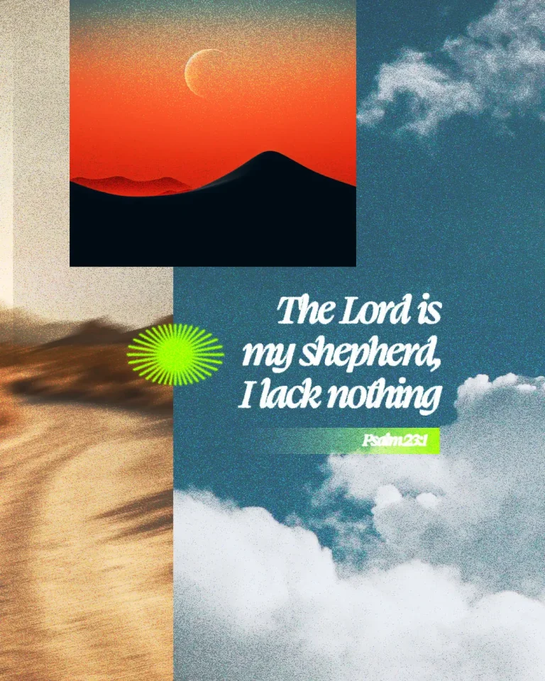 Church media graphic with layered landscape photography including mountains, clouds, and desert scenes with The Lord is my shepherd I lack nothing typography and green accent elements from Psalm 23:1