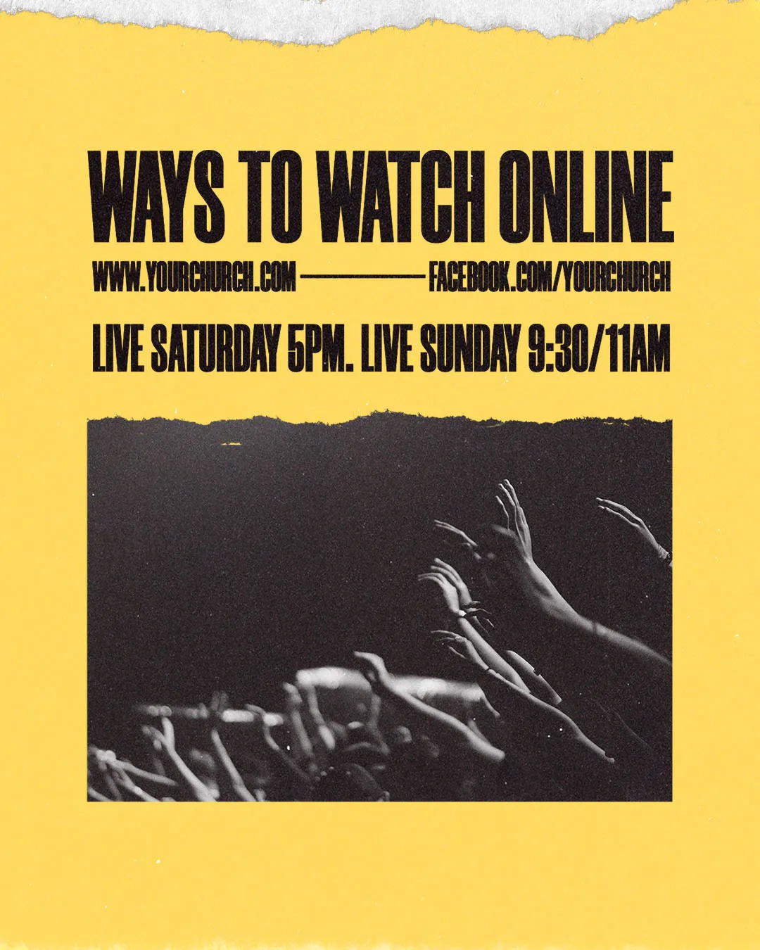 Yellow and black church social media template announcing ways to watch online services with worship hands photo and streaming information