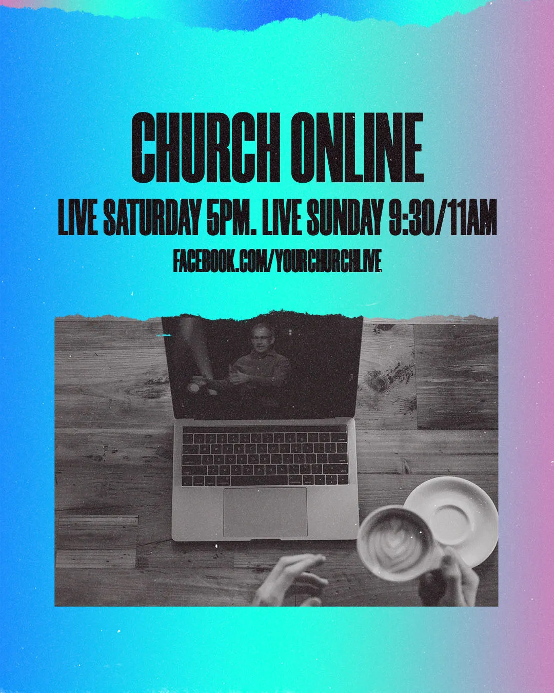 Vibrant blue and purple gradient church social media template announcing "Church Online" with live service times and black and white laptop photo with coffee cup