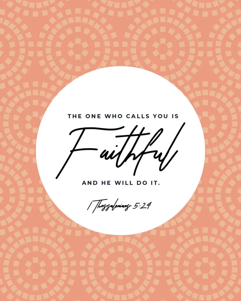 Coral and cream geometric pattern church social media template featuring 1 Thessalonians 5:24 "The one who calls you is Faithful and he will do it" in white circle with black typography