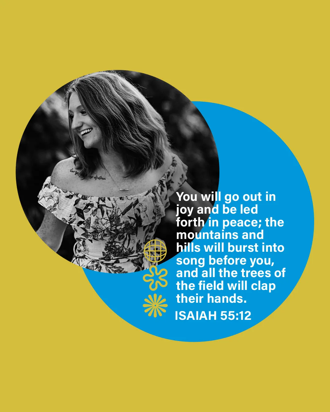 Yellow and blue church social media template featuring Isaiah 55:12 about going out in joy and peace with circular black and white photo of smiling woman and geometric design elements