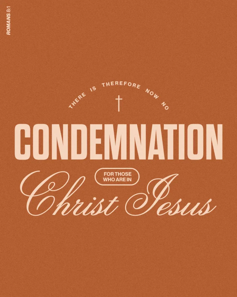 Church social media template featuring Romans 8:1 "There is therefore now no condemnation for those who are in Christ Jesus" in cream typography on orange background with cross symbol