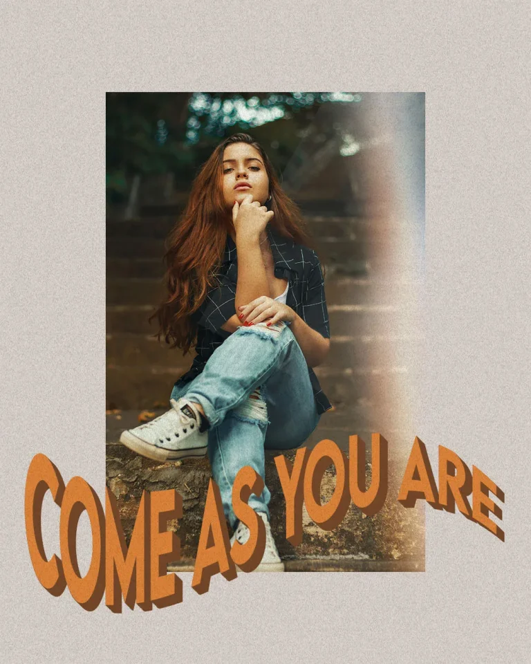 Church social media template featuring "Come As You Are" message in orange typography overlaid on photo of young woman sitting outdoors, designed for welcoming church outreach posts