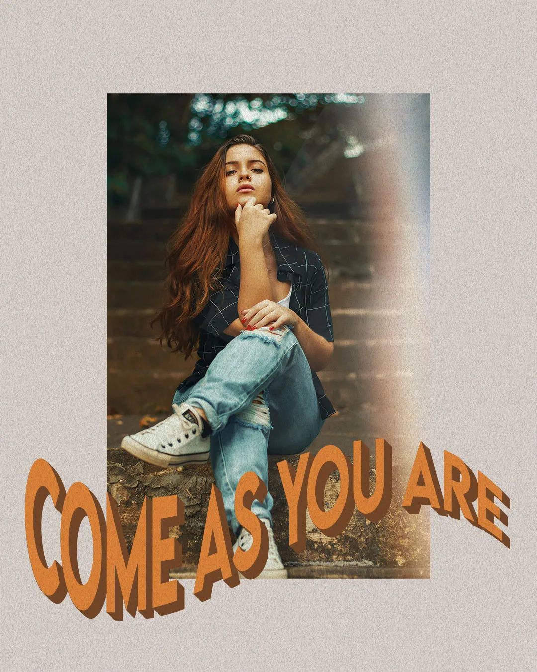 Church social media template featuring "Come As You Are" message in orange typography overlaid on photo of young woman sitting outdoors, designed for welcoming church outreach posts