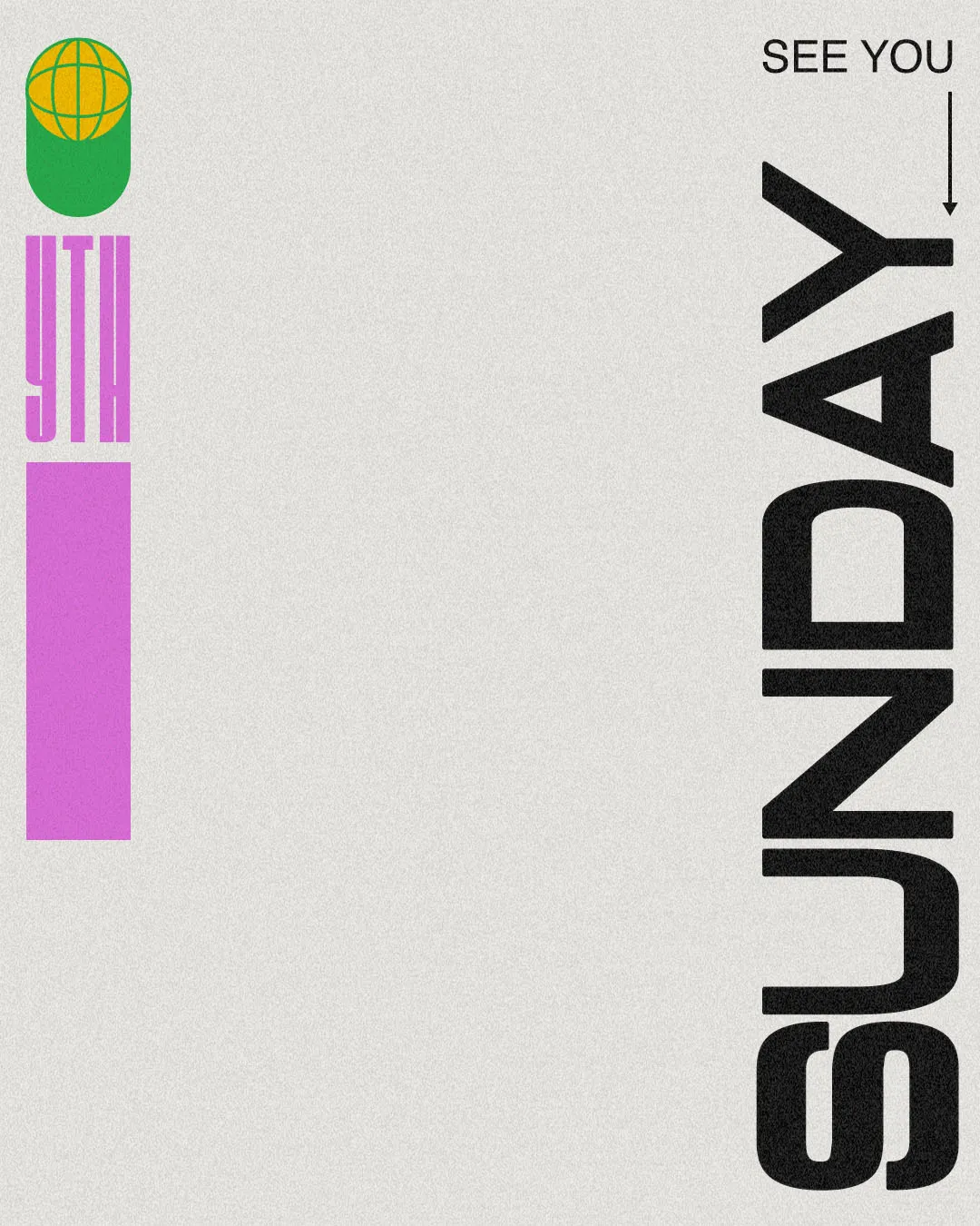 Church social media template featuring "See You Sunday" message with modern geometric design elements including green circle, yellow grid, and purple shapes for Sunday service promotion