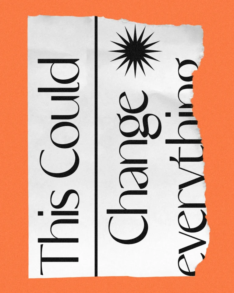 Church social media template featuring "This Could Change Everything" text in black typography on torn white paper with starburst design against orange background for transformational church messaging