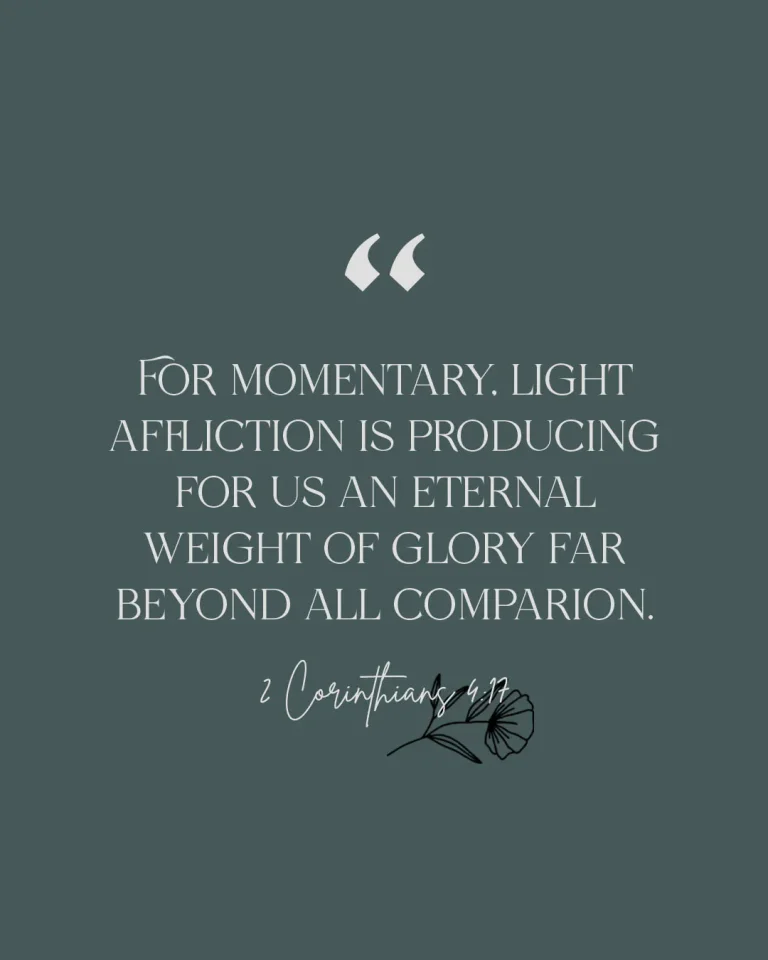 Minimalist teal social media template featuring 2 Corinthians 4:17 Bible verse about eternal glory with white text and decorative leaf illustration for church social media use