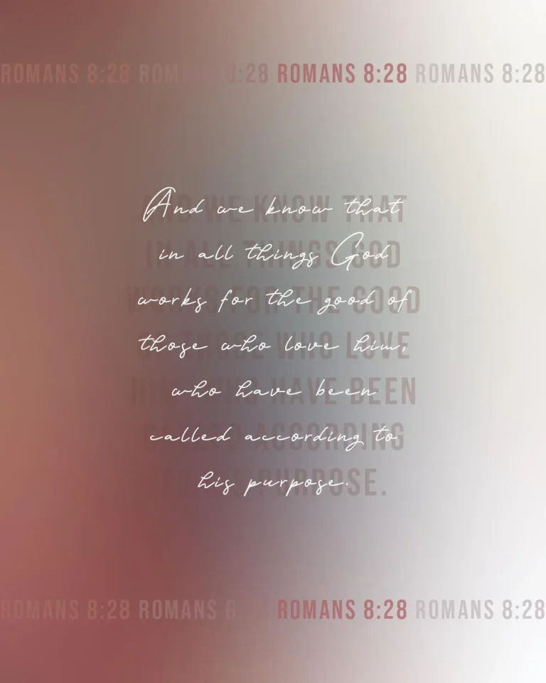 Photo-driven social media template with soft blurred warm background featuring Romans 8:28 Bible verse about God working all things for good in white script typography with repeated verse reference border pattern