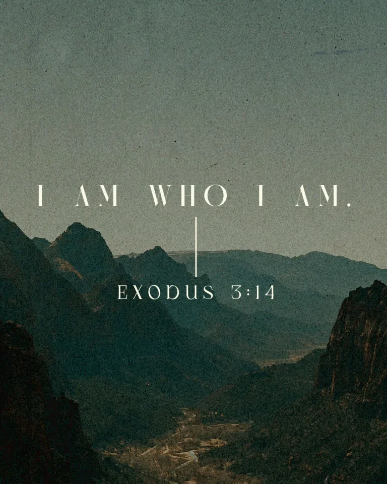 Photo-driven social media template with misty mountain landscape background featuring Exodus 3:14 "I AM WHO I AM" in spaced white typography with vertical line accent
