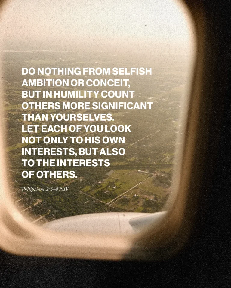 Bible verse from Philippians 2:3-4 on humility and putting others first, viewed through an airplane window.