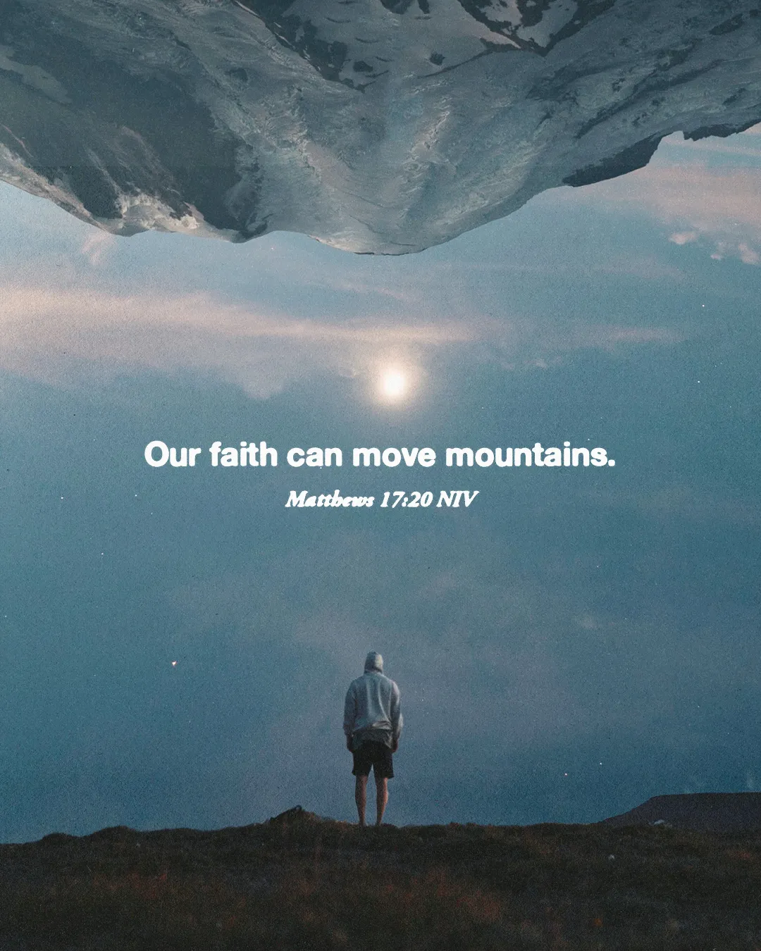 Person in solitude gazes at serene mountains with Matthew 17:20 verse on faith moving mountains.