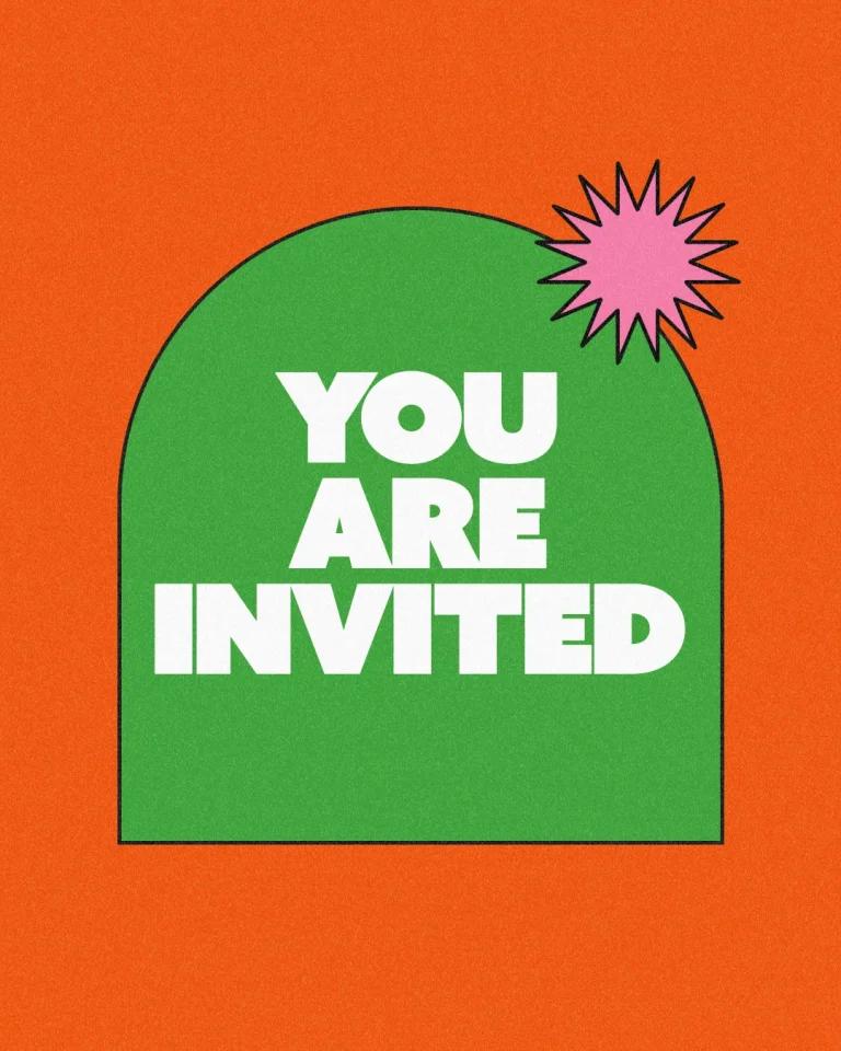 Invitation with bold text on a green arch with a pink starburst, set against an orange background.