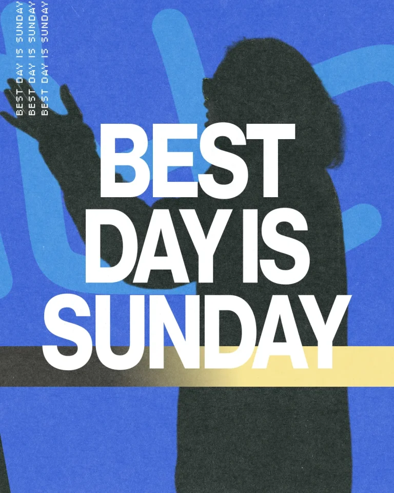 Silhouette of a worshiper raising hands in praise, with bold text proclaiming "Best Day is Sunday" against a vibrant background.