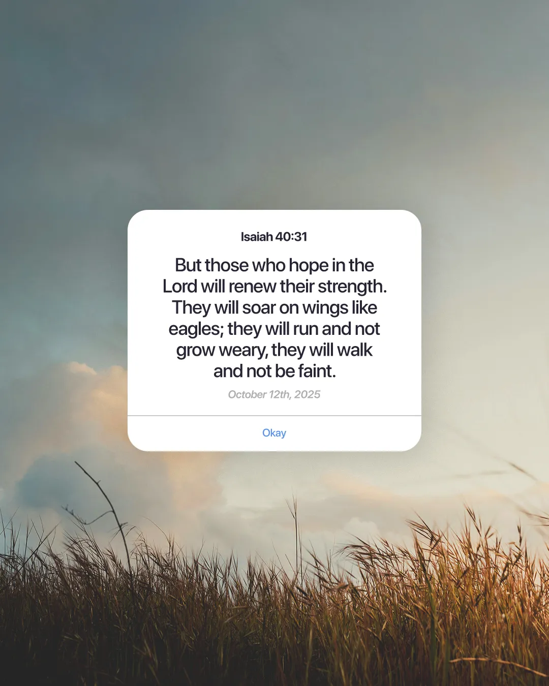 Isaiah 40:31 inspires hope and strength in faith, with a serene sky and grass symbolizing renewal and divine support.