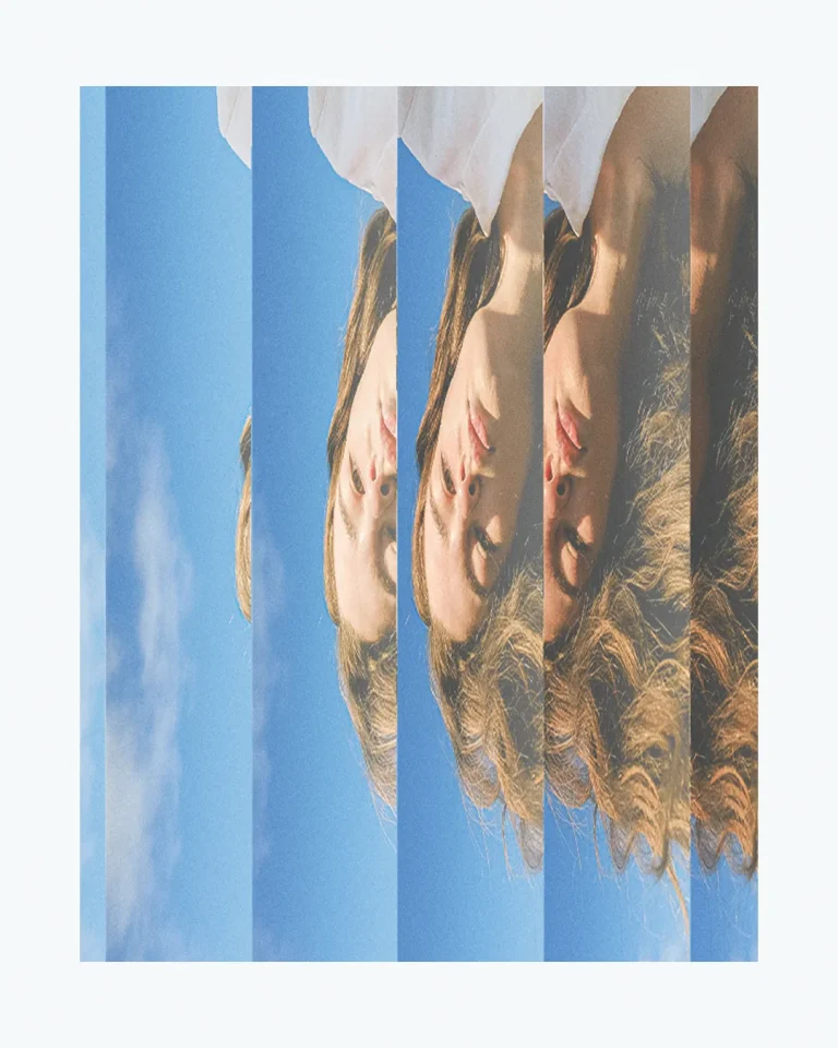 Abstract portrayal of a woman with flowing hair against a bright blue sky, symbolizing faith and spiritual reflection.