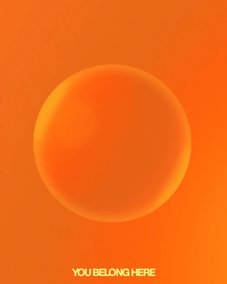 Warm orange background with a glowing circle, conveying a sense of belonging and community in faith.