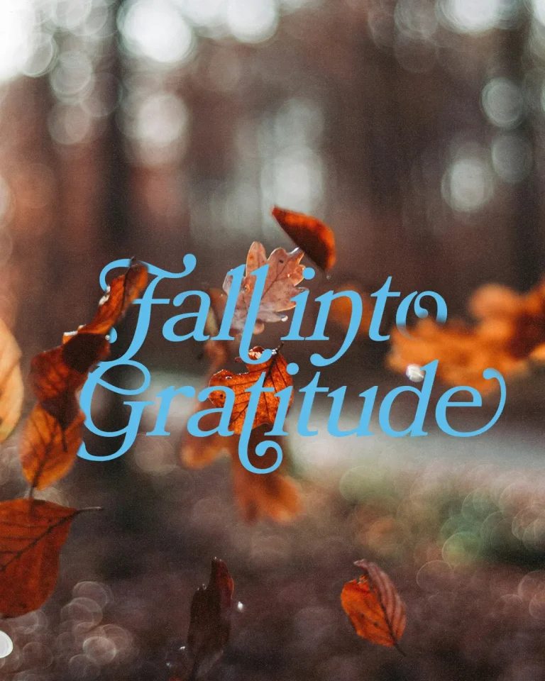Autumn leaves swirl in the air, symbolizing gratitude and reflection in a serene, spiritual setting.
