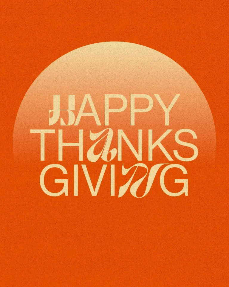 Warm orange background with "Happy Thanksgiving" in stylized cream lettering, celebrating gratitude and community.