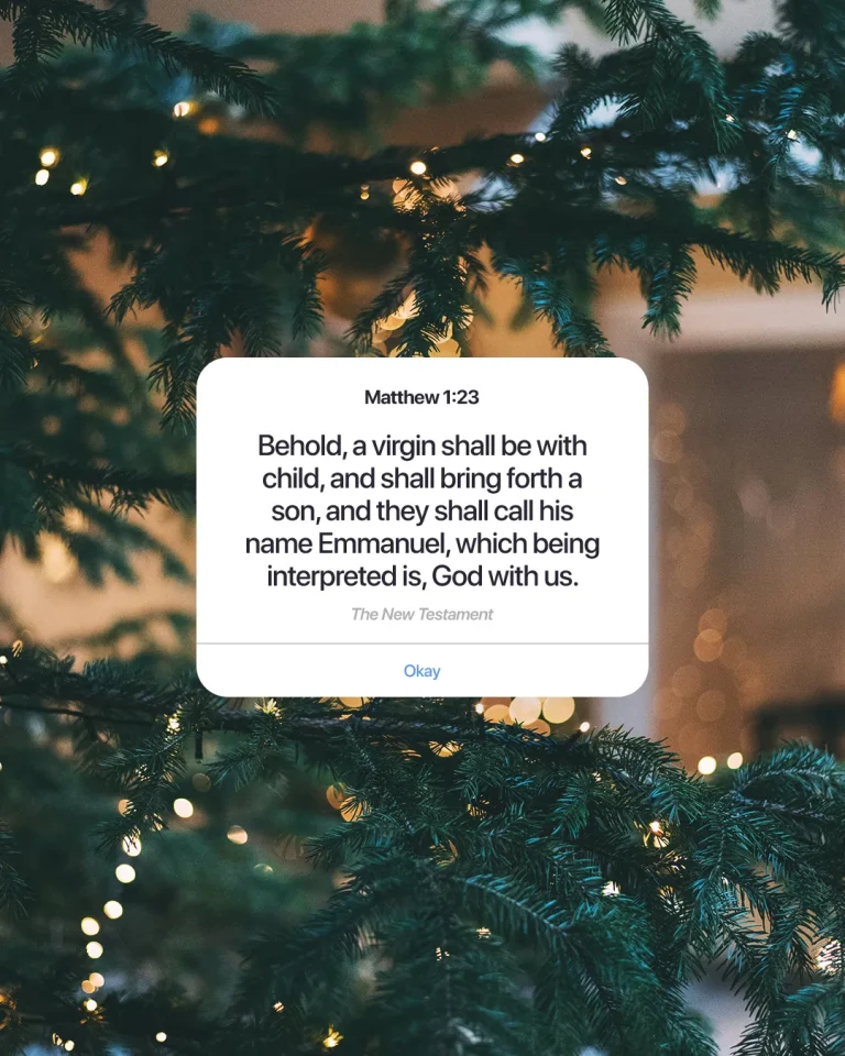 Matthew 1:23 highlights the promise of Emmanuel, symbolizing God's presence in our lives amidst festive greenery.