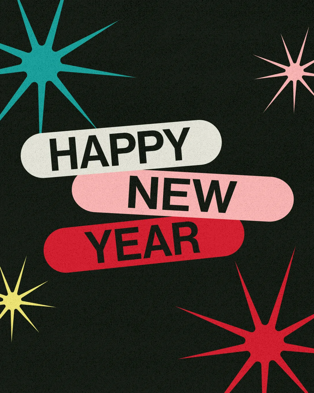 Colorful text reads "Happy New Year" with vibrant starburst designs, symbolizing hope and new beginnings in faith.