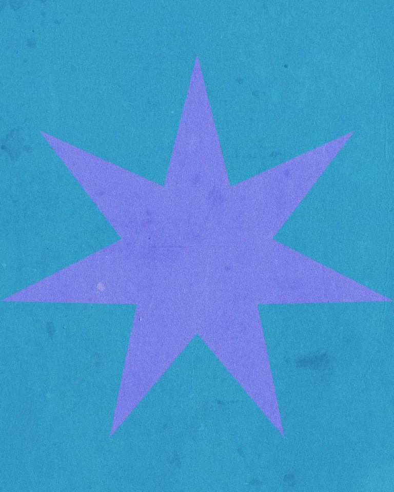 Purple star on a vibrant blue background, symbolizing hope and divine guidance in faith and worship.