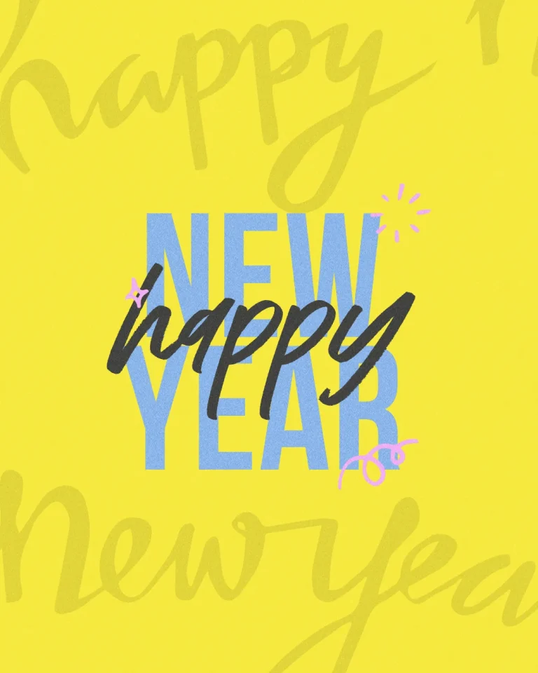 Bright yellow background with "Happy New Year" in bold, playful fonts, symbolizing hope, renewal, and community celebration.
