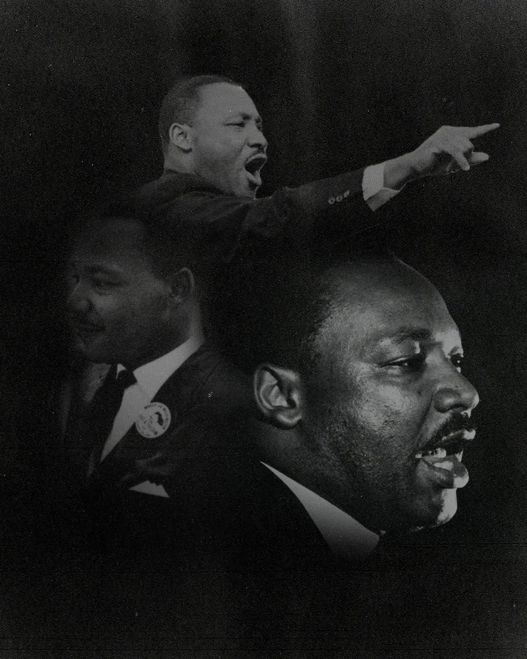 Powerful portraits of Martin Luther King Jr. emphasizing faith, justice, and the call for community and equality.