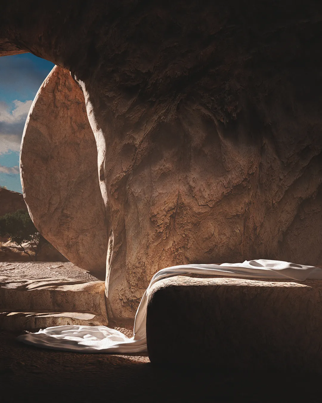 Empty tomb with a stone entrance, draped linen cloth, symbolizing resurrection and hope in faith.