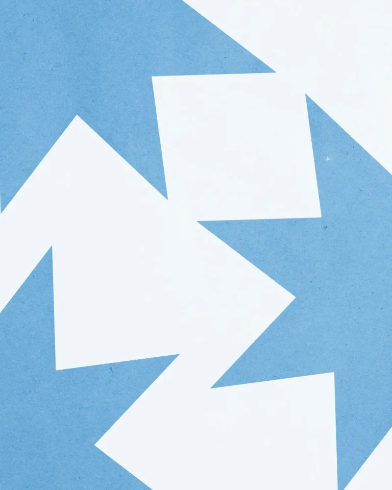 Blue and white geometric shapes symbolize unity and direction in faith and community.