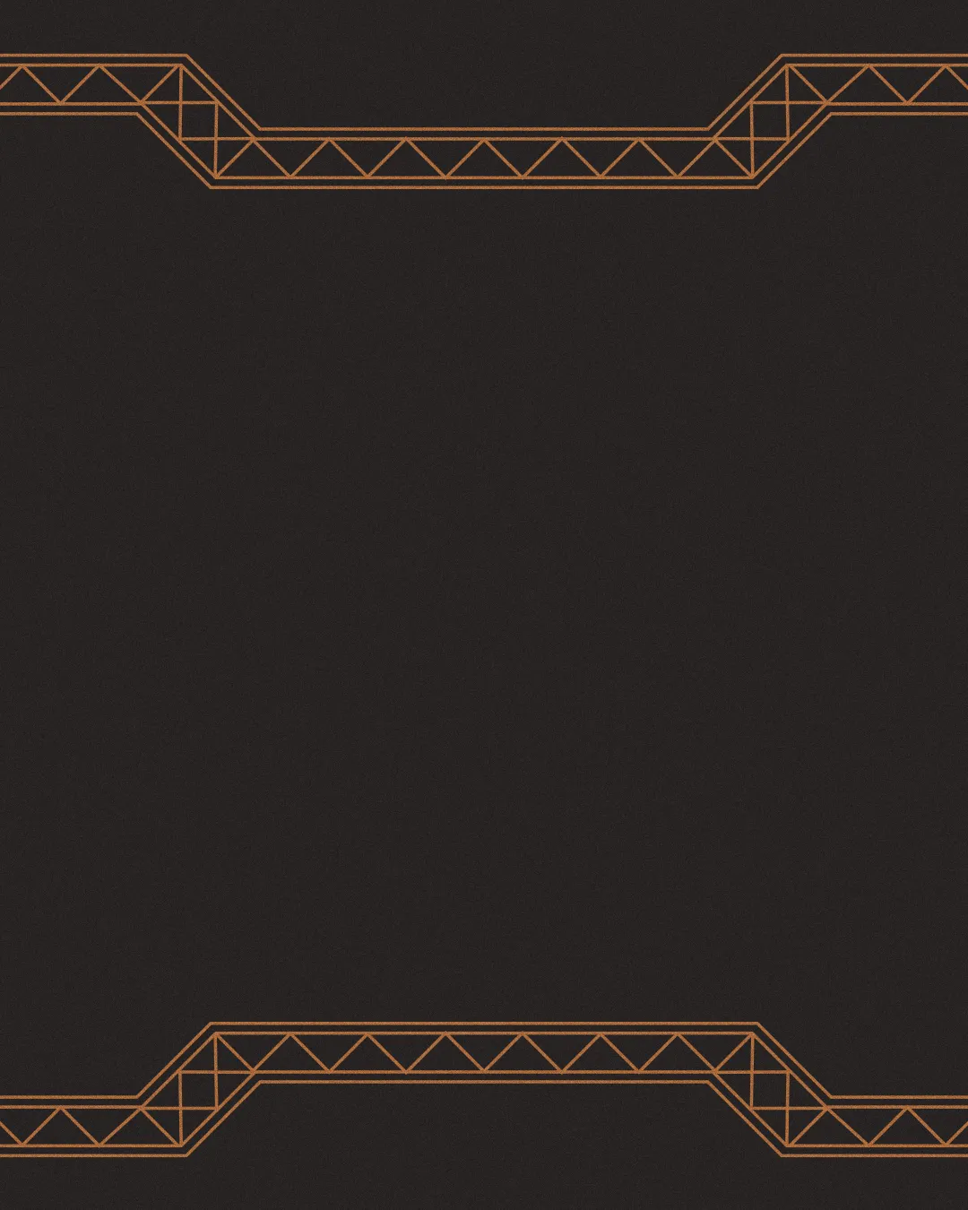 Abstract black background framed with geometric orange lines, symbolizing unity and structure in faith and community.