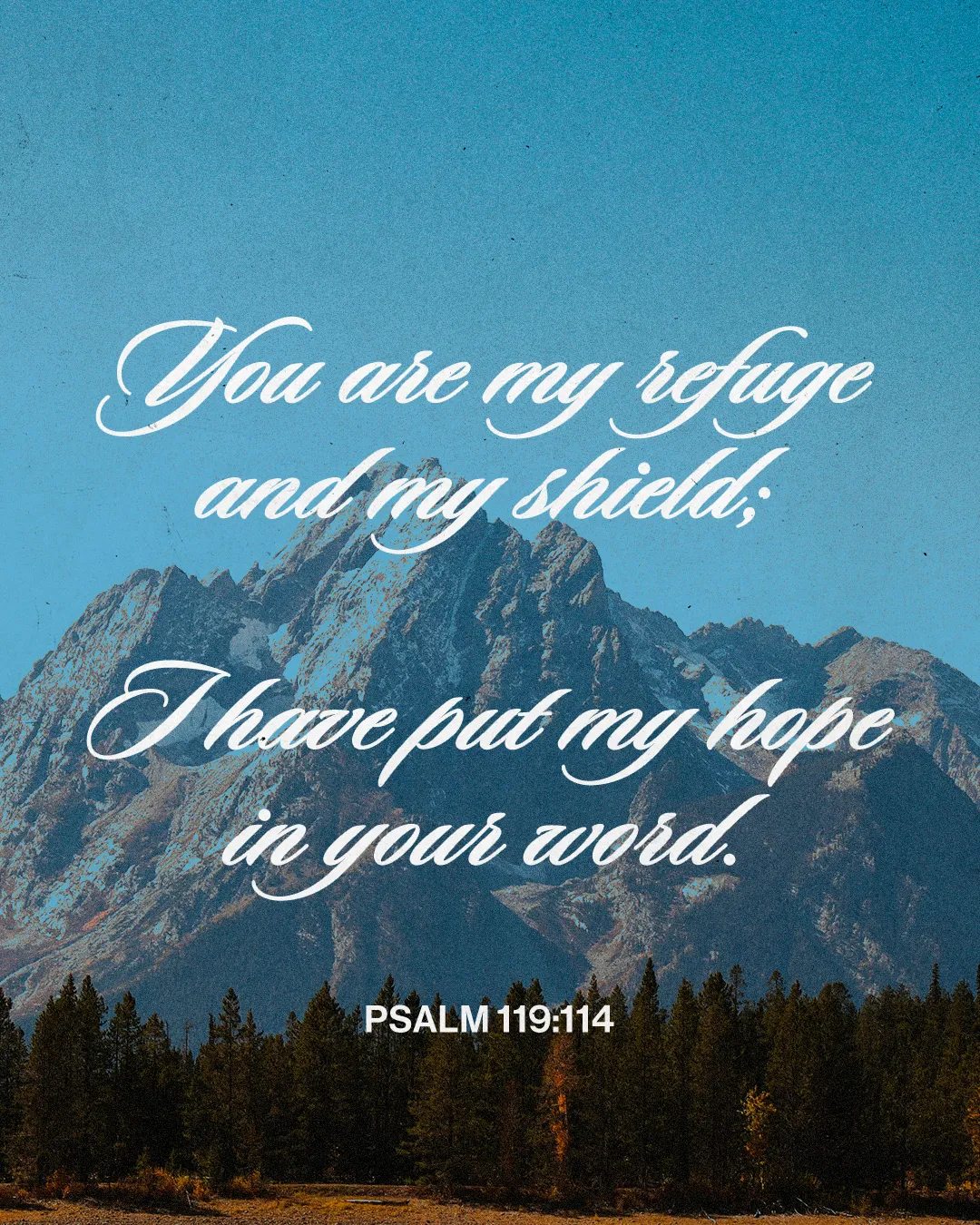 Mountains rise majestically under a blue sky, with the comforting words of Psalm 119:114 about refuge and hope.
