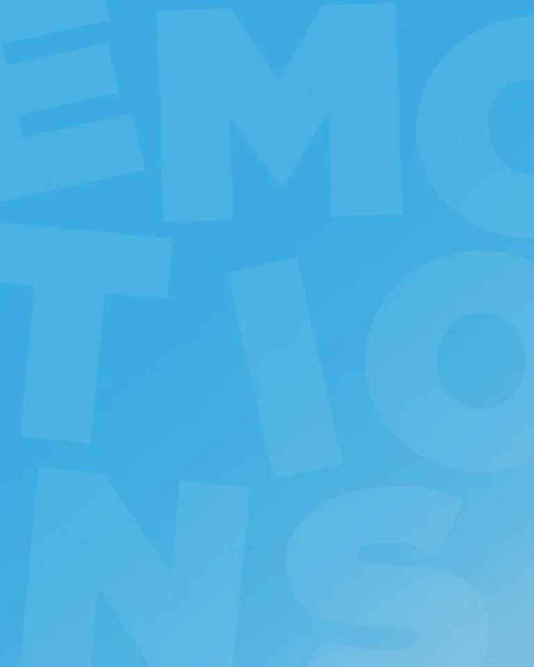 Bright blue background with large, soft letters spelling "EMOTIONS," symbolizing the depth of faith and community connection.