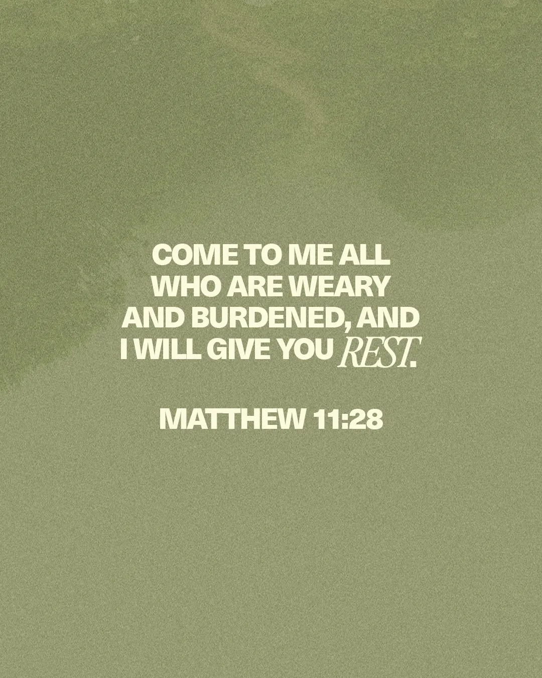 "Invitation to find rest in faith, featuring Matthew 11:28 in soothing tones, emphasizing comfort and community."